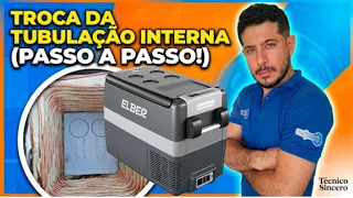 Abrindo gabinete da geladeira Elber e achando o vazamento na tubulação de alumínio