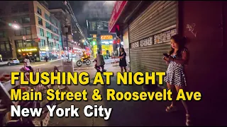 Flushing Queens NYC - Main Street Roosevelt Ave Late Night Walking Tour POV 4K