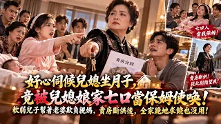好心伺候兒媳坐月子，竟然被兒媳娘家七口當保姆使唤！軟弱兒子竟幫著老婆欺負親媽，誰知老太太突然宣布賣房，直接斷供全家，兒子跪地求饒也沒用！