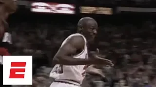 Michael Jordan shrugs after making six 3s in first half of 1992 Finals Game 1 ESPN Archives