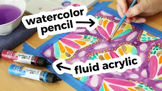 How I Use Fluid Acrylic Paint & Watercolor Pencils | DIY Butterfly Pattern Art