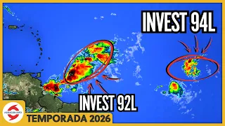 Invest 92L pierde oportunidades de desarrollo. Invest 94L podría fortalecerse en Depresión Tropical.