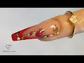 Sculpting coffin shape nails with fiber gel and red french Valentines day transfer foil nail art
