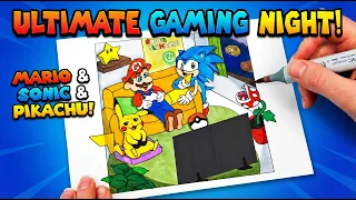 Super Mario, Sonic and Pikachu Playing Video Games | DRAWING and READING Stories