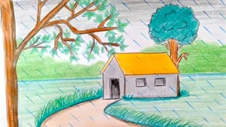 رسم سهل رسم منظر طبيعي رسم منظر طبيعي لفصل الشتاء رسم منظر طبيعي سهل 