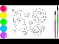Earth Moon Stars and Saturn Coloring Page for Kids Fun Space Coloring with Easy Art