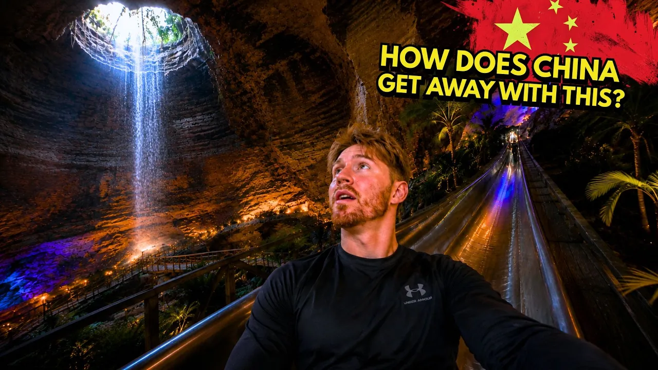 Official YouTube video thumbnail for China Lets You Slide Through a 3 Million Year Old Cave 🇨🇳 by Travis Leon