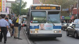Q58 bus announcements to Ridgewood Term Vianova screen Fare Required