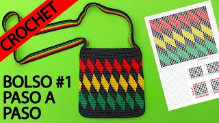 Bolso a crochet en punto bajo con diseño de rombos en colores rasta paso a paso