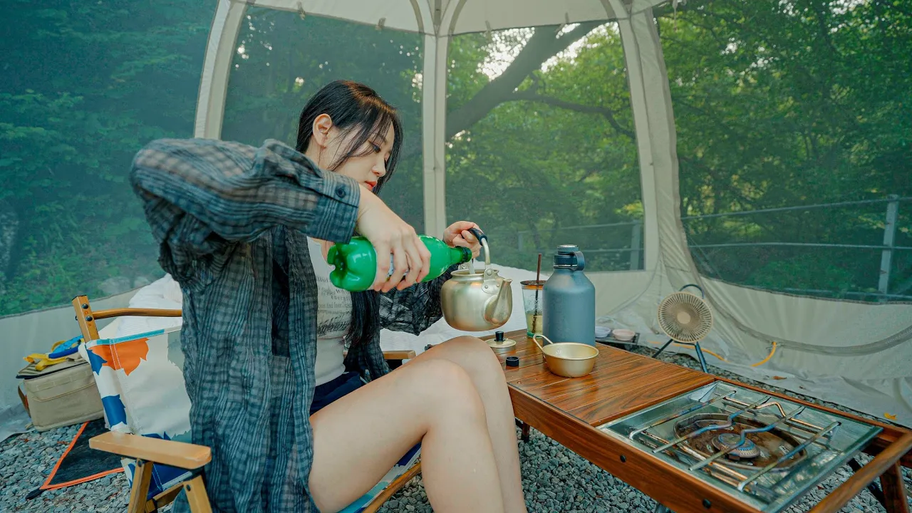 올메쉬 대형 원터치 텐트로 숲 속 계곡 그늘 아래서 캠핑, 그런데 막걸리와 치즈 감자채전을 곁들인💕| 양평 거북바위캠핑장 썸네일