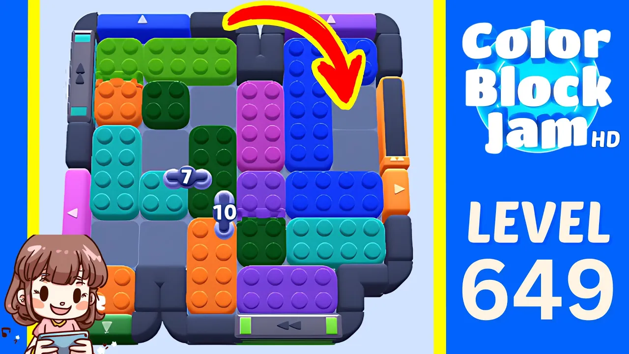 Color Block Jam Level 649 1:50 board with large blue L upper-right, long green bar upper-left, and cyan left-lane opener opening frame