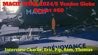Vendee Globe Report 60 Charlie Dalin MACIF Santé Prévoyance Wins 2024/5 Vendee Globe in Record Time.