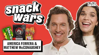 Matthew McConaughey And America Ferrera Try British American Food Snack Wars 