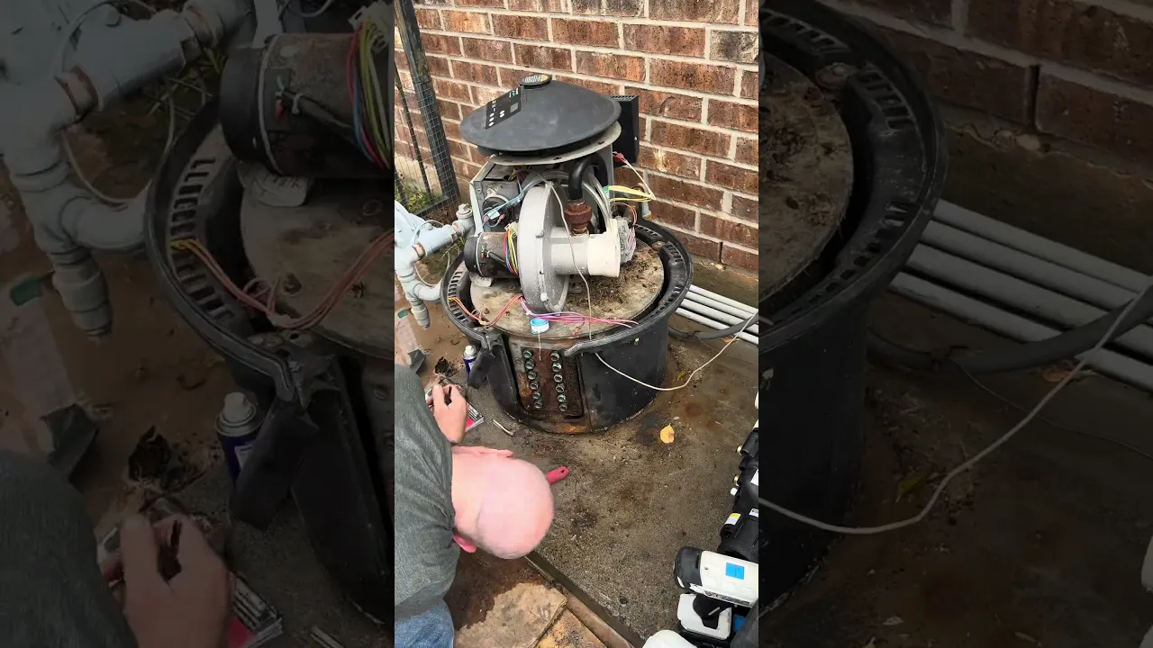 Pool equipment technician in Houston, TX, repairing pool filters, pool heaters, and pool pumps.