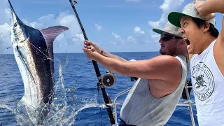 We Hook a MONSTER Marlin on a Sailing Catamaran