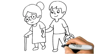 How To DRAW A BOY Helping Grandma Easy Step By Step 