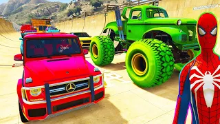 SPIDERMAN CARS Racing Challenge on MEGA Rampa ! SUPERHERO HULK JEEP Army Trucks BIKES JETSKI - GTA 5