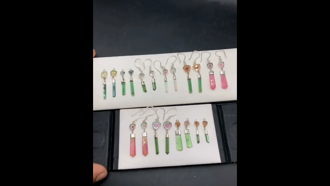 Raw Watermelon Pink Tourmaline Earrings | Green Tourmaline Raw Crystal Earrings