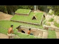 Building underground hut with grass roof \u0026 fireplace with clay