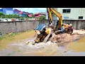 fail bulldozer drive to pond and dump truck with excavator help cover back and landfill skill action