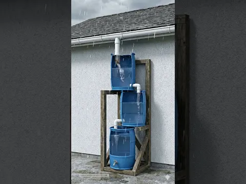 Stacked Rainwater Harvesting System with Connected Barrels