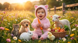 Baby learn fruits 🍉 and vegetables 🥕 with Cute Baby Animals 🐕 Educational Video for Toddlers