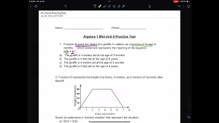 Algebra 1 Function Notation Mid-Unit 4 Practice Test Question 1