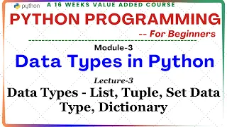 Python Programming for Beginners Module-3 Lecture-3 Data Types - List Set Data Type Dictionary