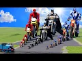 Download Lagu Big \u0026 Small Spiderman on a motorcycle vs Batman on a motorcycle vs Volt on a motorcycle vs Trains