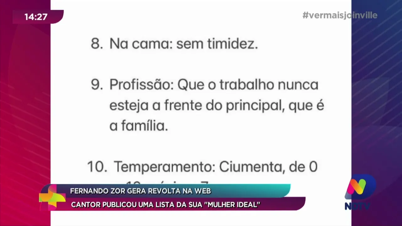 Fernando Zor gera revolta na web, cantor publicou uma lista da sua mulher ideal