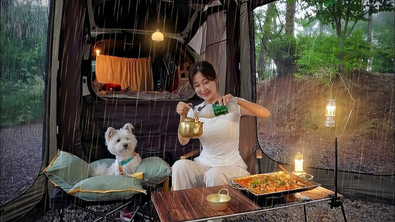 비 오는 날 강아지와 함께 낭만캠핑, 철판볶음에 막걸리 한잔, 스포티지 차박, 우중캠핑, 벤딕트 브릭스 차박텐트 썸네일