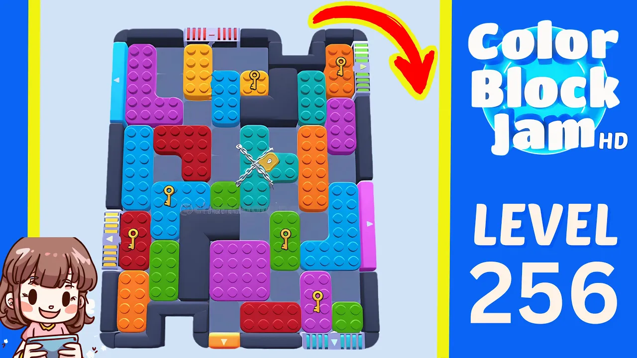 Color Block Jam Level 256 2:15 board with central chained teal/key cluster and multiple keyed blocks opening frame