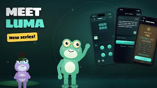 Crick the frog waving next to three phone screens from Luma Words: a word wheel level, the daily riddle and Word chain.
