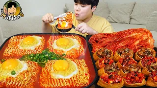 ASMR MUKBANG 직접 만든 매운 열라면 김치 만두 유부초밥 먹방! Ramyeon & Inari Sushi MUKBANG EATING SOUND!