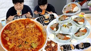 얼굴만한 참치누드 참치폭탄 김밥4줄 라볶이랑 콜라보... 제육 돈까스김밥