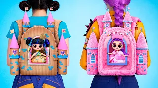 रूमी और  ज़ोई के लिए फ्लफी VS  कार्डबोर्ड बैकपैक डॉल कैसल्स  ! डॉल्स के लिए के-पॉप डेमन हंटर्स  DIY
