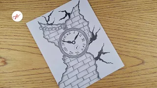 How to Draw Realistic Clock on Cracked Wall Pencil Sketch Drawing for Beginners