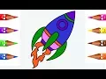 How To Draw Rocket Coloring Pages For Kids Children - Drawing Simple Space Ship Art To Learn Colors