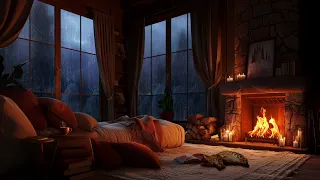 Nighttime Thunderstorm Haven Fireside Comfort With Rain Fireplace And Sleeping Cat 