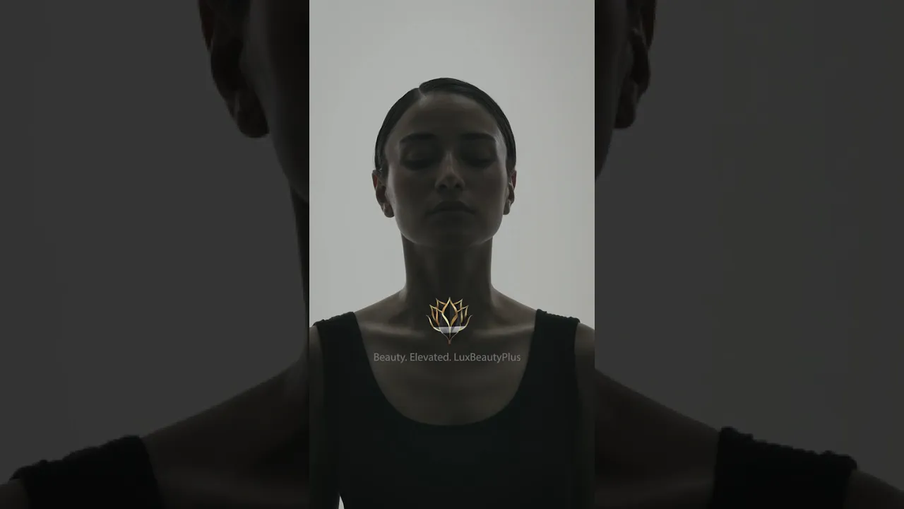 A luxury beauty campaign featuring a professional female model applying facial serum to her skin. Elegant close-up shots highlight skincare, self-care, and natural beauty, ending with LuxBeautyPlus branding and a QR code to explore the online beauty store.