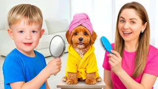 Adam ayuda a mamá a cuidar al cachorrito