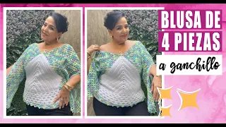 😍🧶 ¡NO PARECE TAN FÁCIL! BLUSA A GANCHILLO DE 4 PIEZAS | Cualquier Talla + Mangas Campana