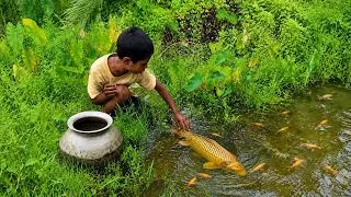 amazing Traditional hand fishing video  - Smart boy catching fish by hand from mud water in Village 