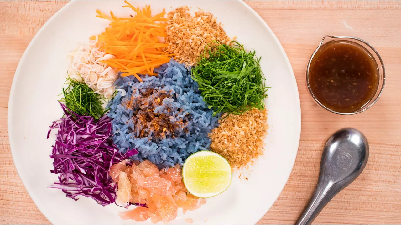 Rainbow Rice Salad Recipe - Khao Yum  - Thai Recipes