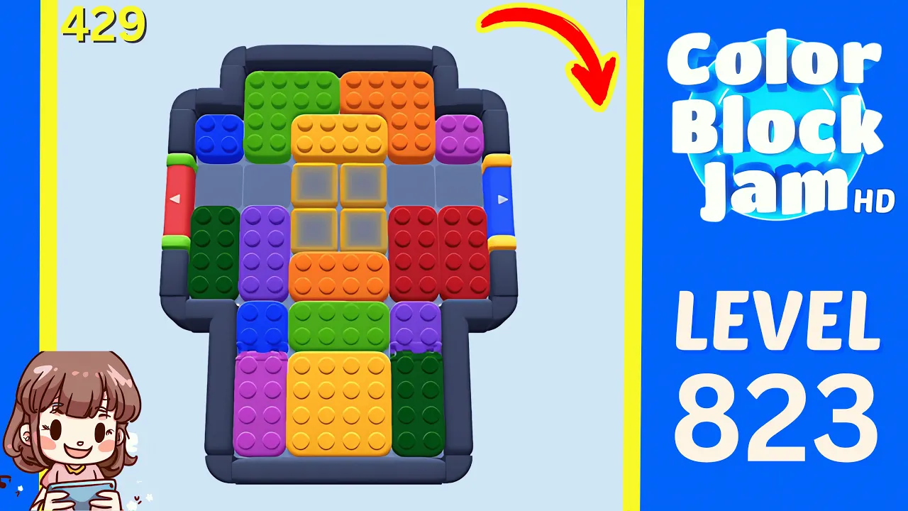 Color Block Jam Level 429 historical Level 823 board with a 1:40 timer and central fixed yellow-framed crate cluster opening frame
