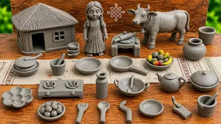 12 Cute kitchen set Diy | Miniature Clay craft | All kitchen set mitti bartan | Clay House making