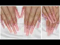 XL Peachy Glitter Bling Acrylic Gel Hybrid Coffin Nails Tutorial