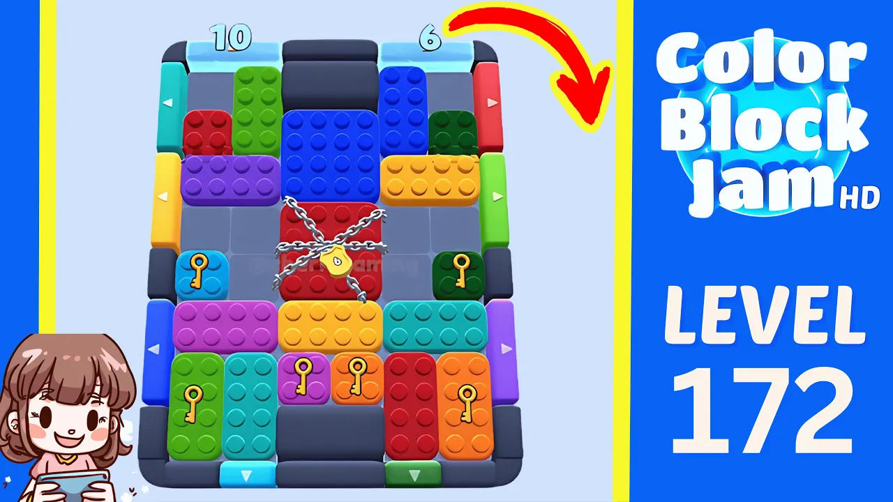 Color Block Jam Level 172 2:00 board with top counters 10 and 6 and a chained central red 2x2 lock opening frame