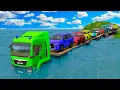 Lagu Triple Flatbed Trailer McQueen Transportation with Truck - Speedbumps vs Cars vs Train - BeamNG #07