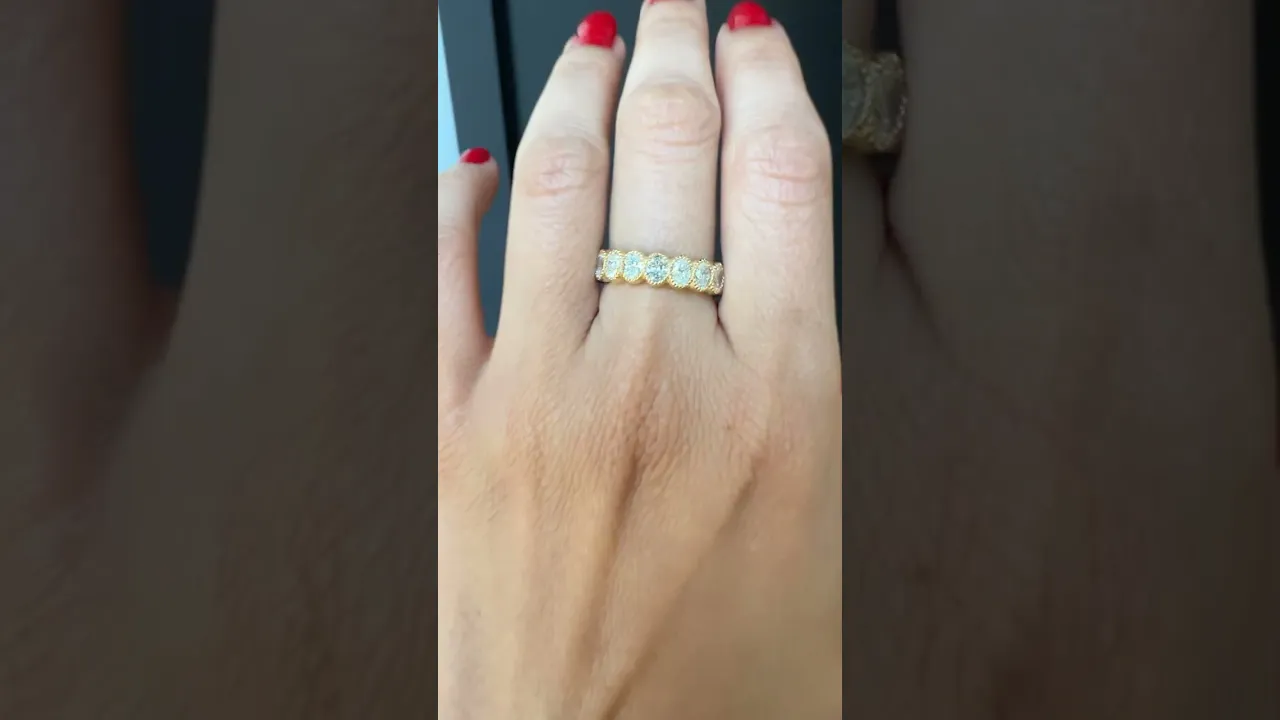 14K Gold Oval Cut Three Quarter Way Eternity Milgrain Bezel Set Lab Grown Diamond Wedding Band Ring